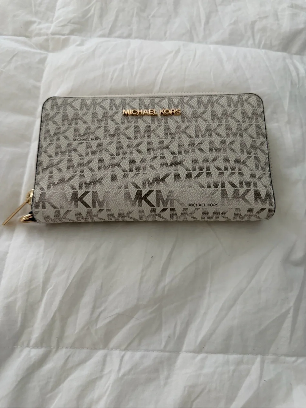 Michael Kors Taupe MK Signature Zip-Around Wallet with Gold Logo